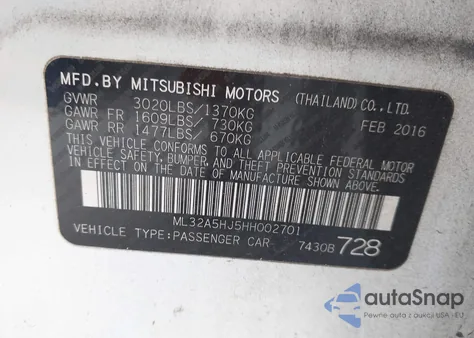 2017 Mitsubishi Mirage Gt from USA, damaged, VIN ML32A5HJ5HH002701